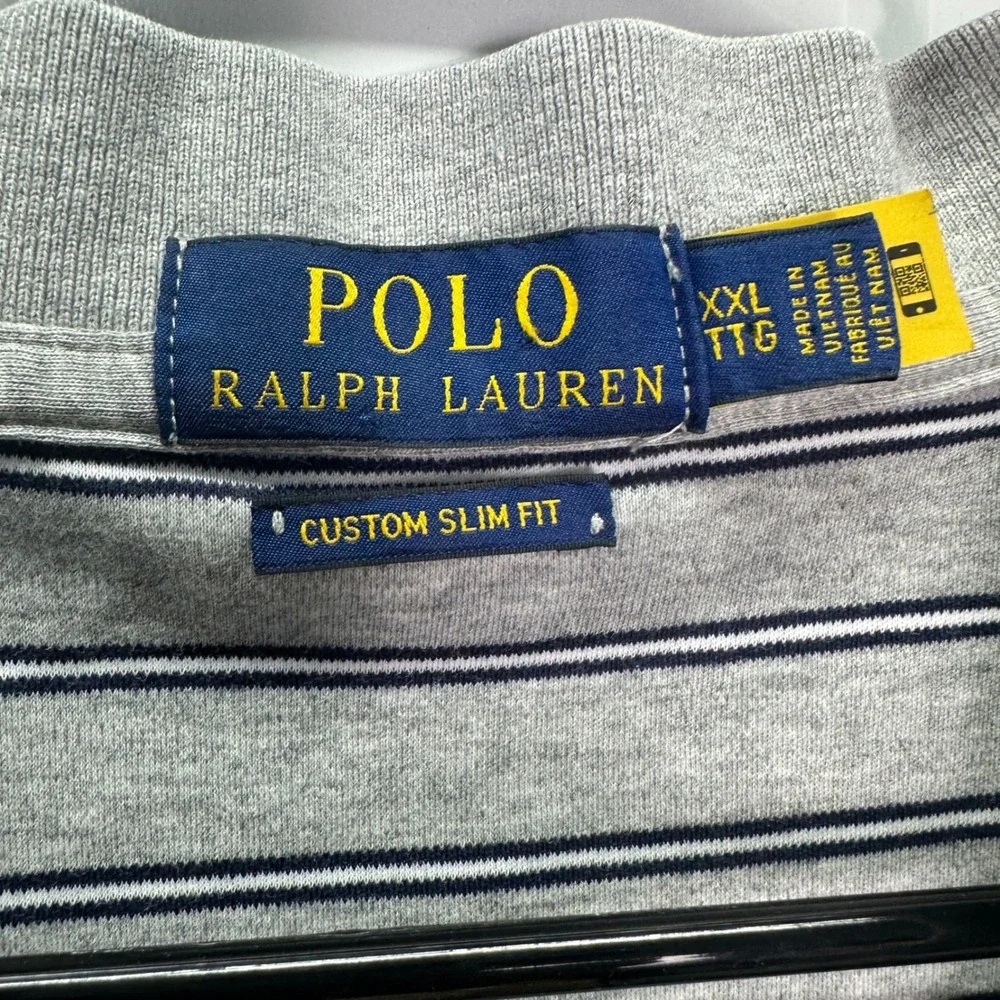 Polo Ralph Lauren Mens XXL Custom Slim Fit Striped Polo Shirt Grey Navy Blue